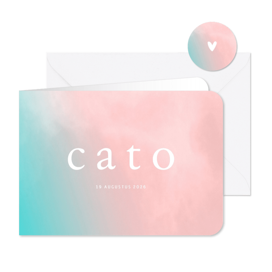 Trendy geboortekaartje met turquoise roze overgang  - Kaartimpressie