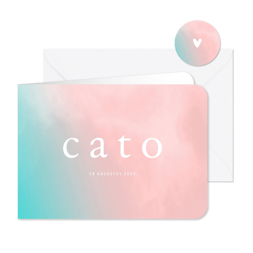 Trendy geboortekaartje met turquoise roze overgang  - Kaartimpressie