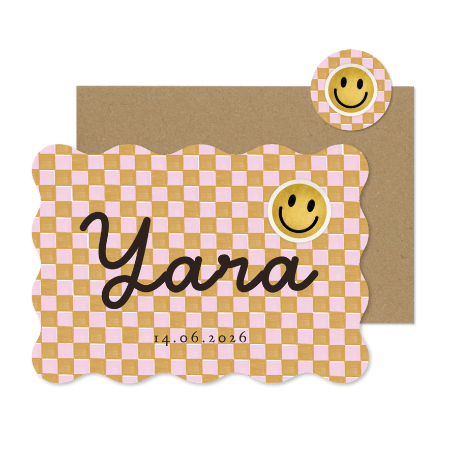 Trendy geboortekaartje patroon blokjes smiley patch - Kaartimpressie
