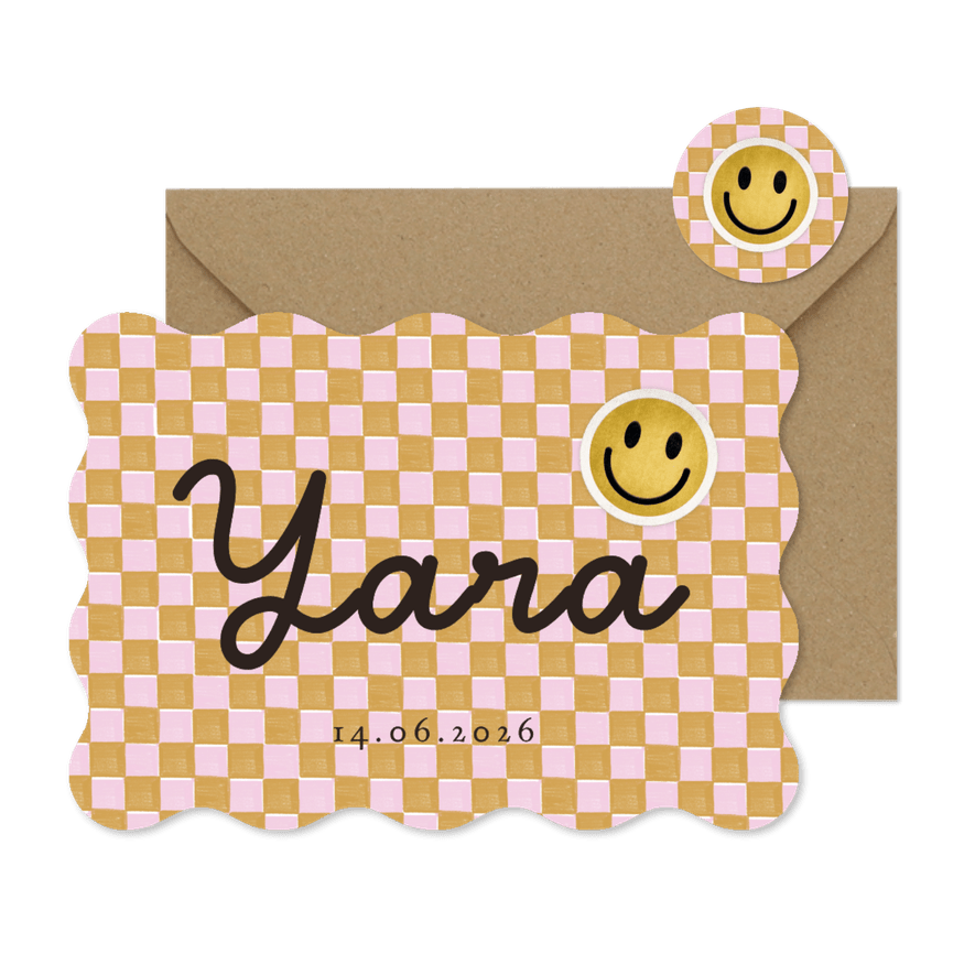 Trendy geboortekaartje patroon blokjes smiley patch - Kaartimpressie