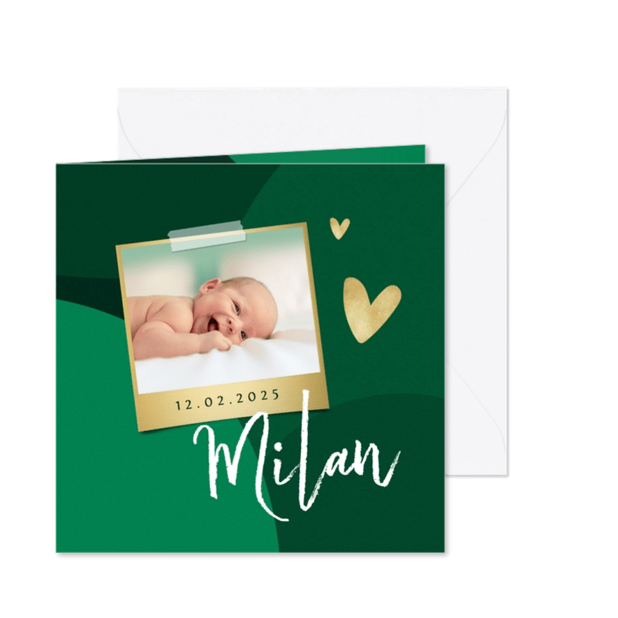 Trendy geboortekaartje stijlvol hartje goud groen foto - Kaartimpressie