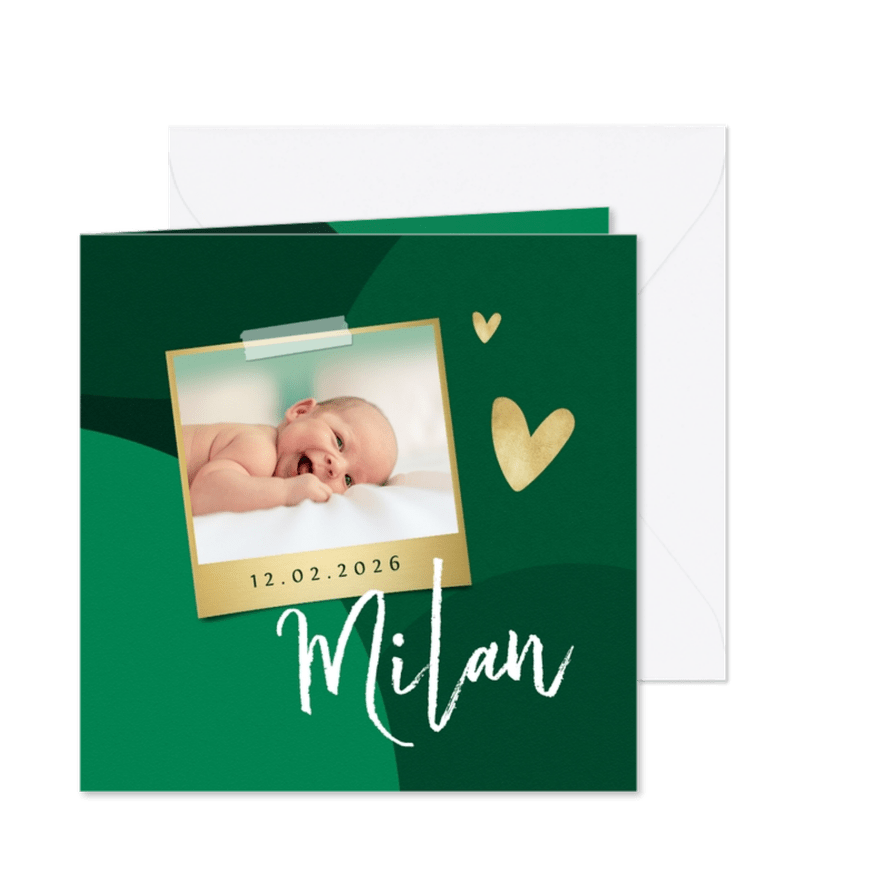 Trendy geboortekaartje stijlvol hartje goud groen foto - Kaartimpressie