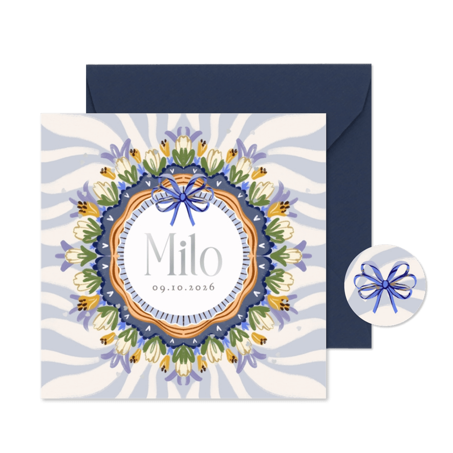 Trendy geboortekaartje streeppatroon bloemenkader zilver - Kaartimpressie