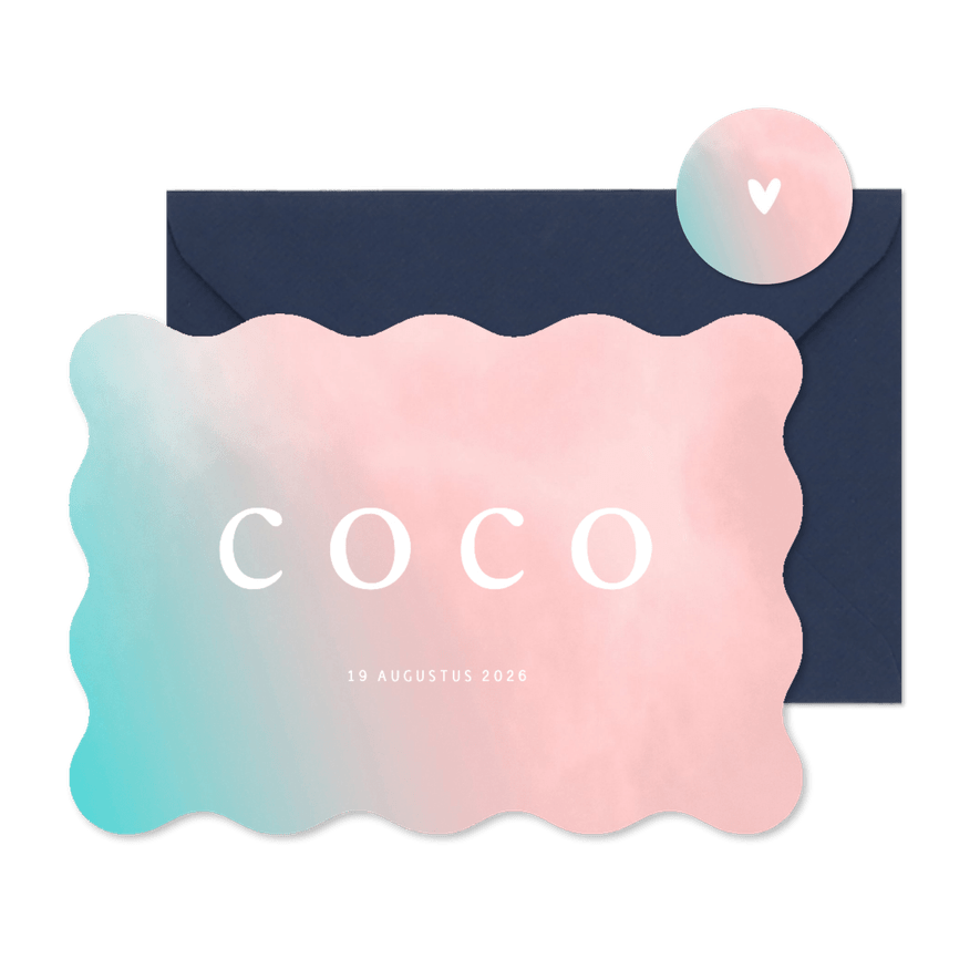 Trendy geboortekaartje turquoise roze overgang golf vorm - Kaartimpressie