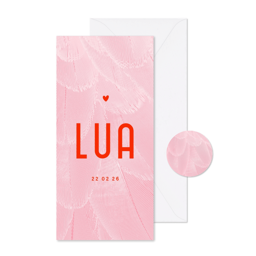 Trendy geboortekaartje veren roze met rood - Kaartimpressie