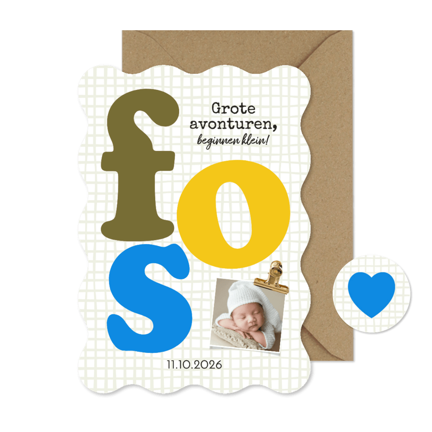 Trendy geboortekaartje wave typografisch kleurrijk ruit foto - Kaartimpressie