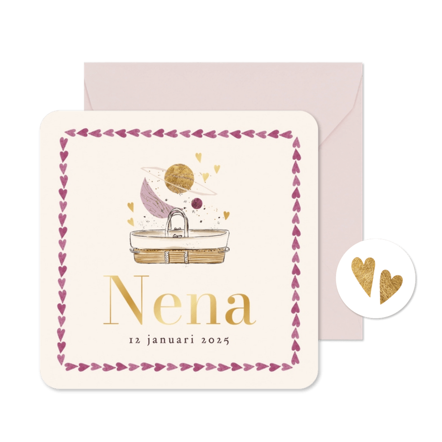 Trendy geboortekaartje wiegje astrologie maan hartjes goud - Kaartimpressie