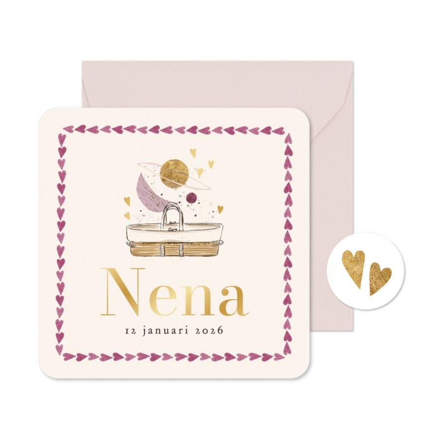 Trendy geboortekaartje wiegje astrologie maan hartjes goud - Kaartimpressie