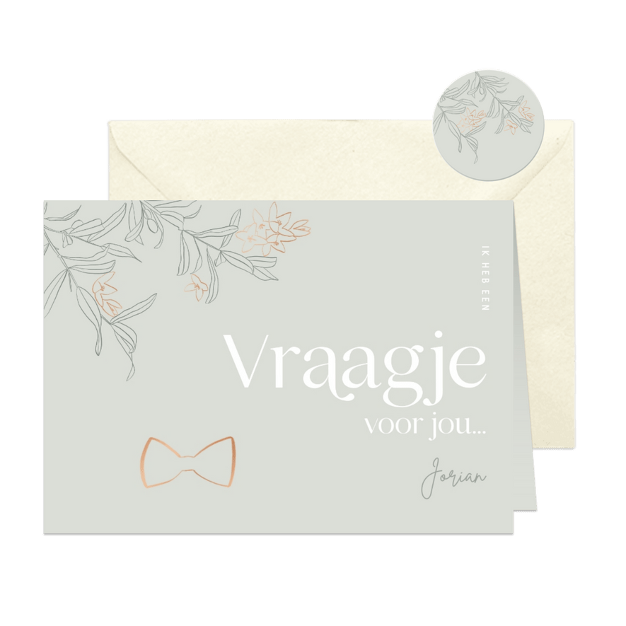 Trendy getuigekaart vraagje voor jou met strik olijftakjes - Kaartimpressie