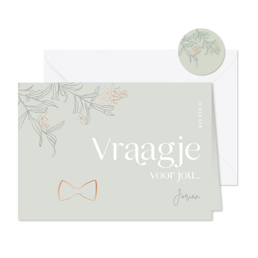 Trendy getuigekaart vraagje voor jou met strik olijftakjes - Kaartimpressie