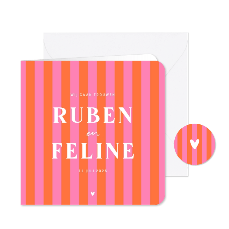 Trendy hip trouwkaartje gestreept roze oranje hartje - Kaartimpressie