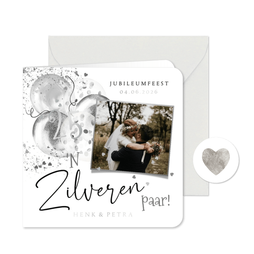Trendy jubileum 25 jaar zilveren paar ballonnen foto hartjes - Kaartimpressie