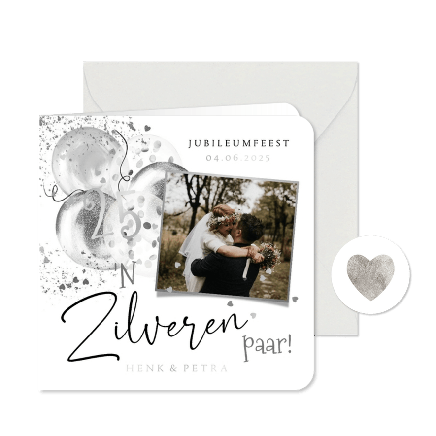 Trendy jubileum 25 jaar zilveren paar ballonnen foto hartjes - Kaartimpressie