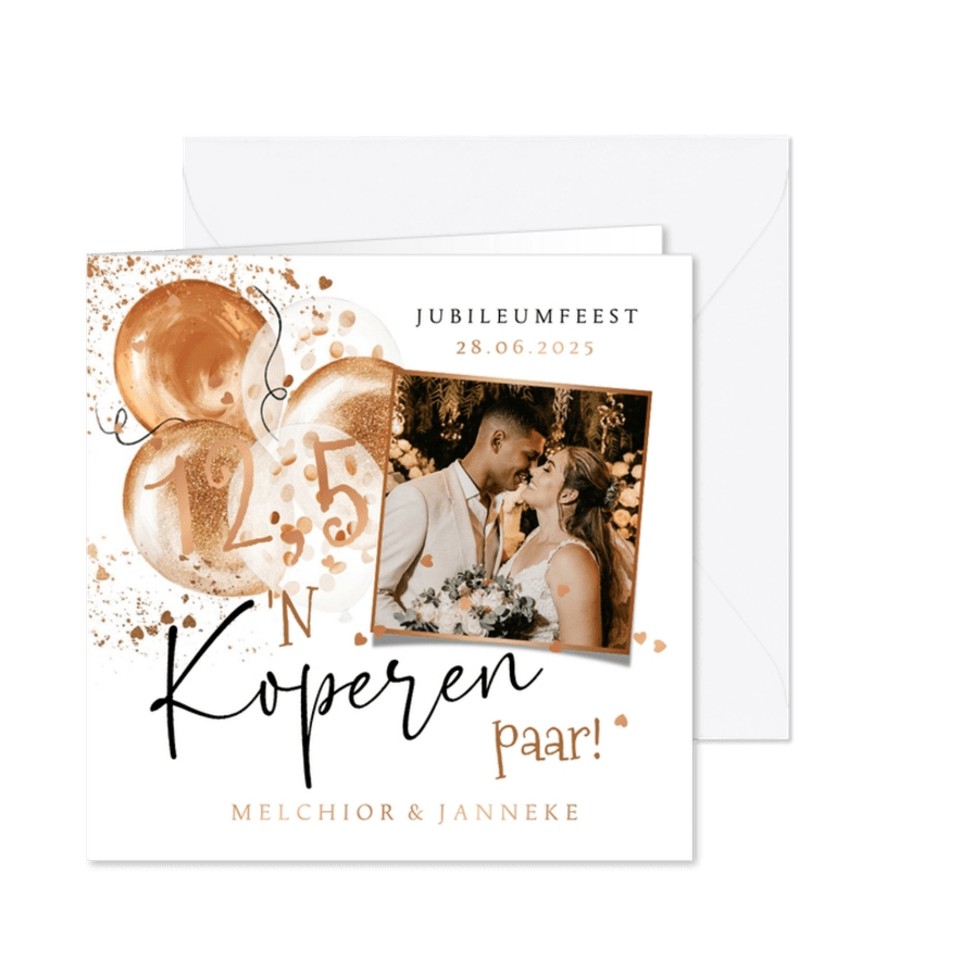 Trendy jubileumkaart 12,5 jaar getrouwd koper ballonnen - Kaartimpressie