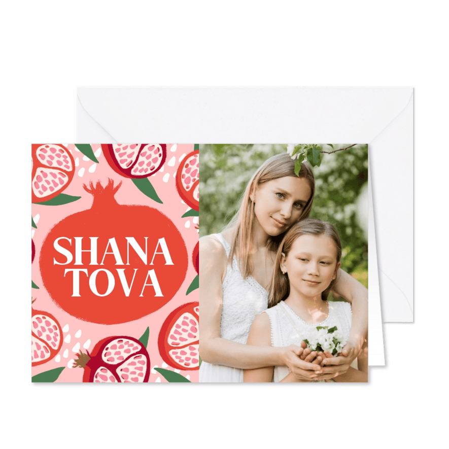 Trendy kaart Joods nieuwjaar Shana Tova granaatappel foto - Kaartimpressie