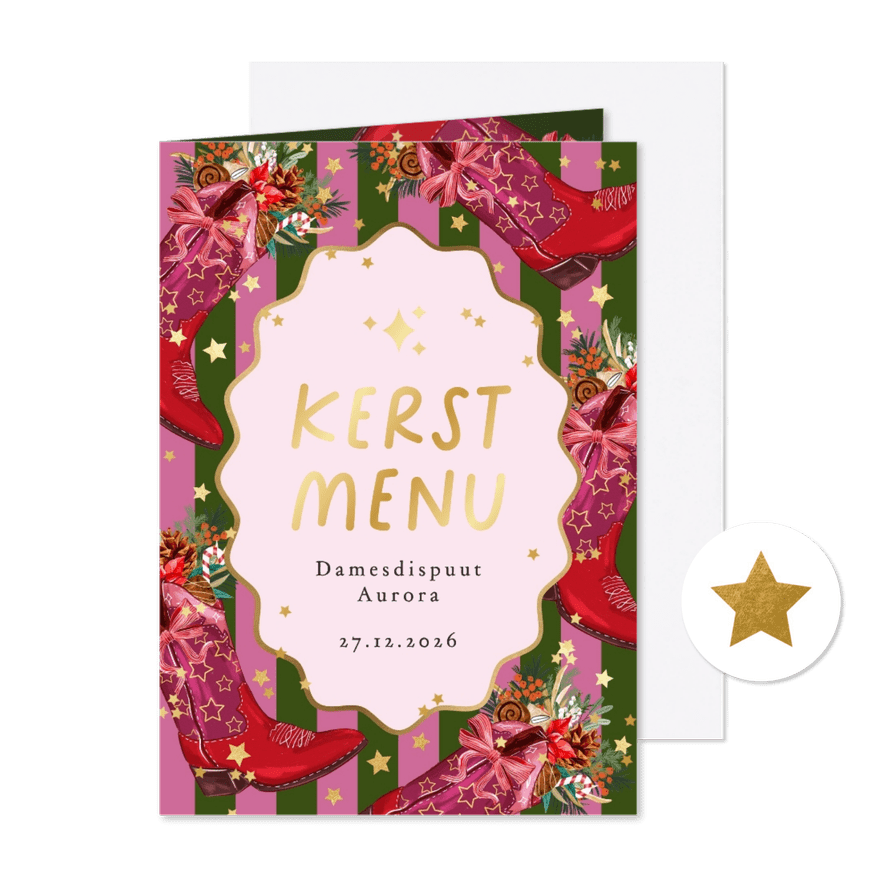 Trendy kaart kerstmenu cowboylaars botanische kersttakken - Kaartimpressie