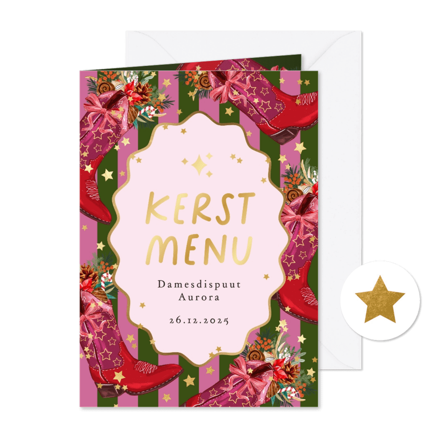 Trendy kaart kerstmenu cowboylaars botanische kersttakken - Kaartimpressie