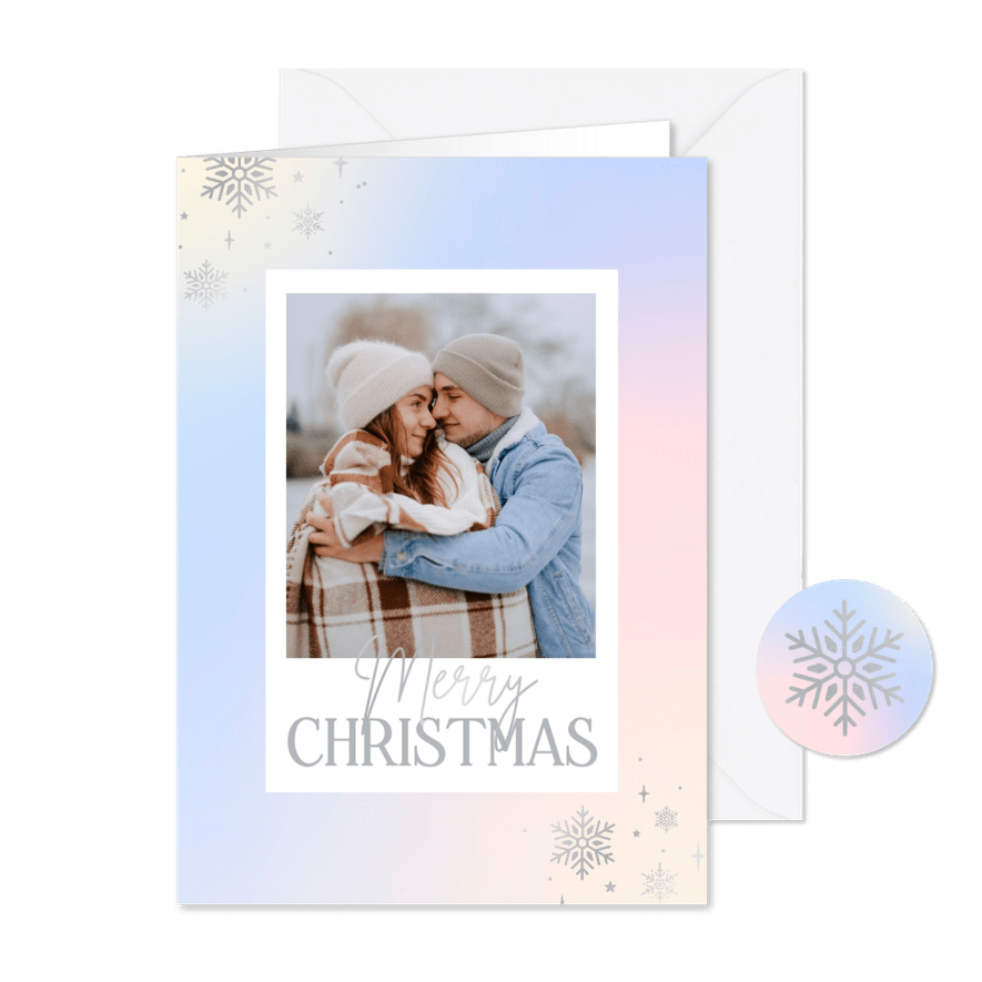 Trendy kaartje met zilveren sneeuwvlokken en pastel kleuren - Kaartimpressie