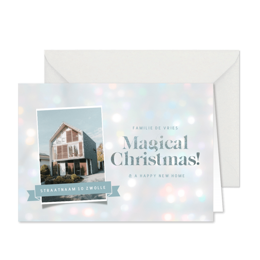 Trendy kerst verhuiskaart met bokeh effect en eigen foto - Kaartimpressie
