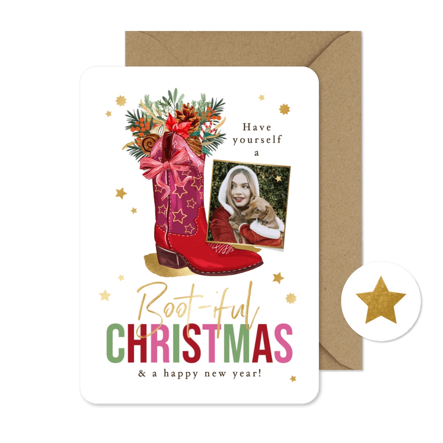 Trendy kerstkaart 'Boot-iful Christmas' laars botanisch goud - Kaartimpressie