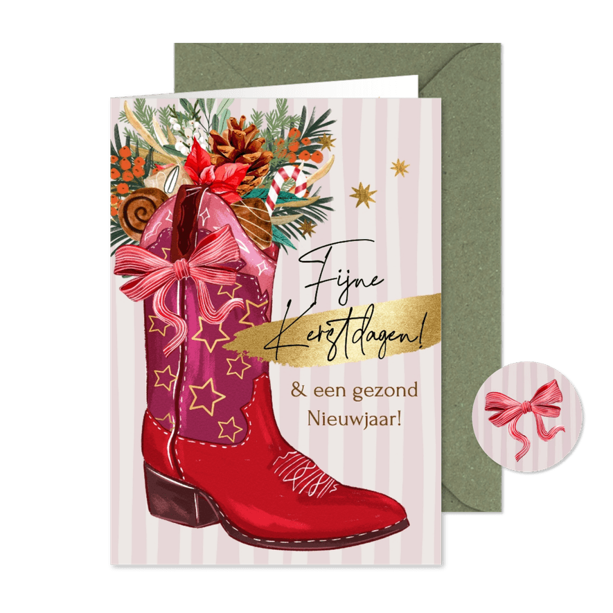 Trendy kerstkaart botanisch cowboylaars sterren goud - Kaartimpressie