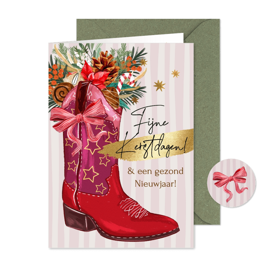 Trendy kerstkaart botanisch cowboylaars sterren goud - Kaartimpressie