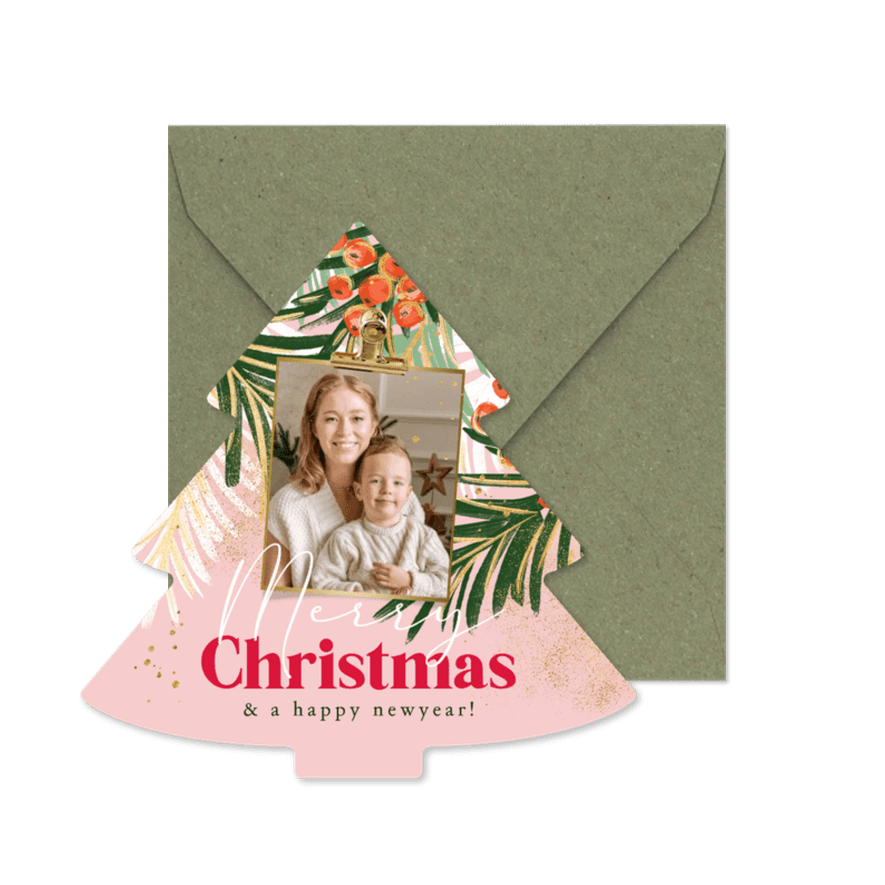 Trendy kerstkaart botanische takken foto goudlook  - Kaartimpressie