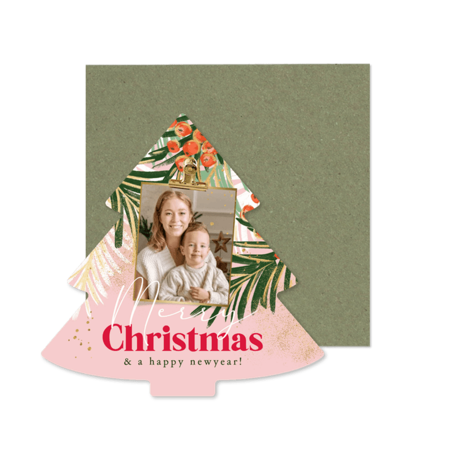 Trendy kerstkaart botanische takken foto goudlook - Kaartimpressie
