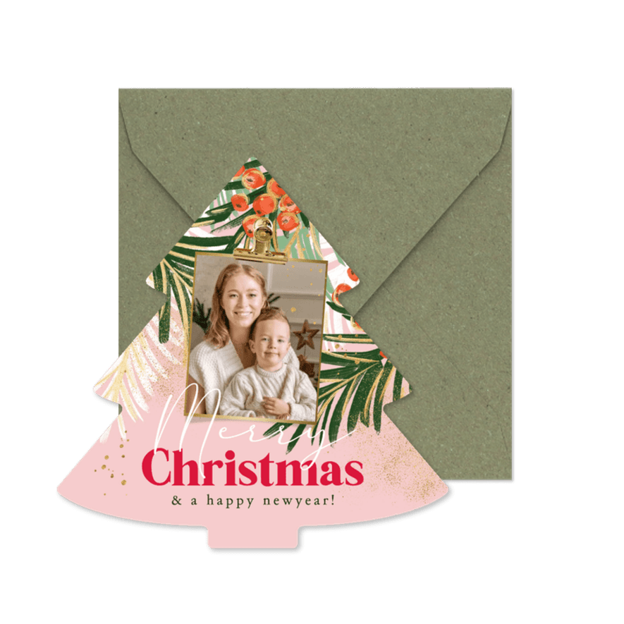 Trendy kerstkaart botanische takken foto goudlook  - Kaartimpressie
