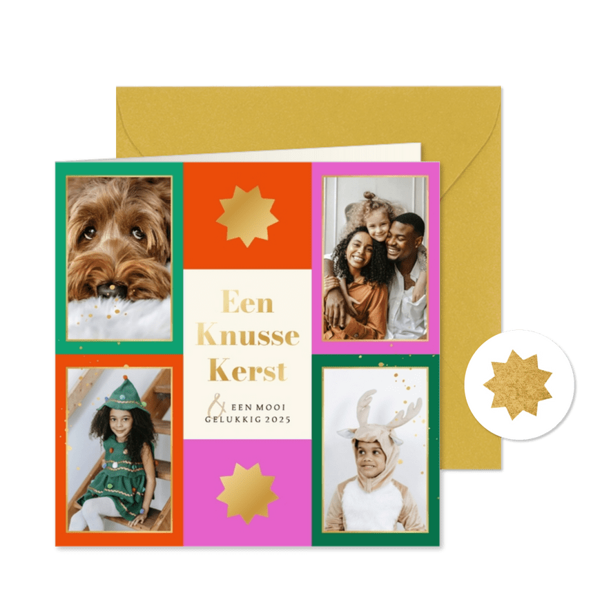 Trendy kerstkaart collage kleurrijk grafisch sterren goud - Kaartimpressie