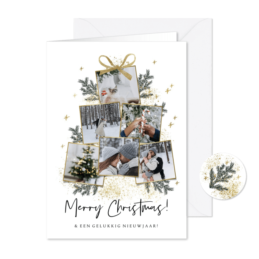Trendy kerstkaart fotocollage kerstboom goudlook strik - Kaartimpressie