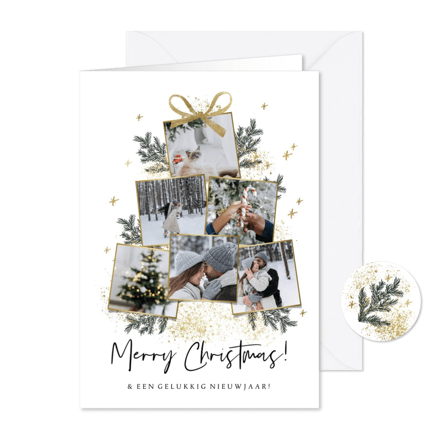 Trendy kerstkaart fotocollage kerstboom goudlook strik - Kaartimpressie