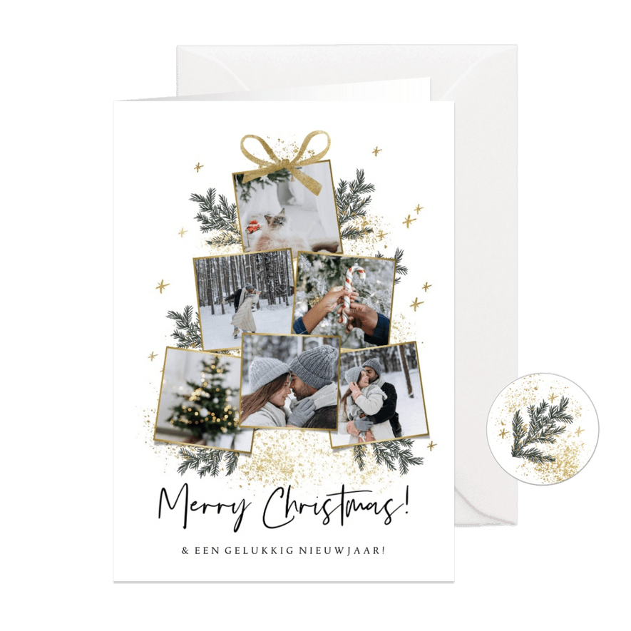 Trendy kerstkaart fotocollage kerstboom goudlook strik - Kaartimpressie