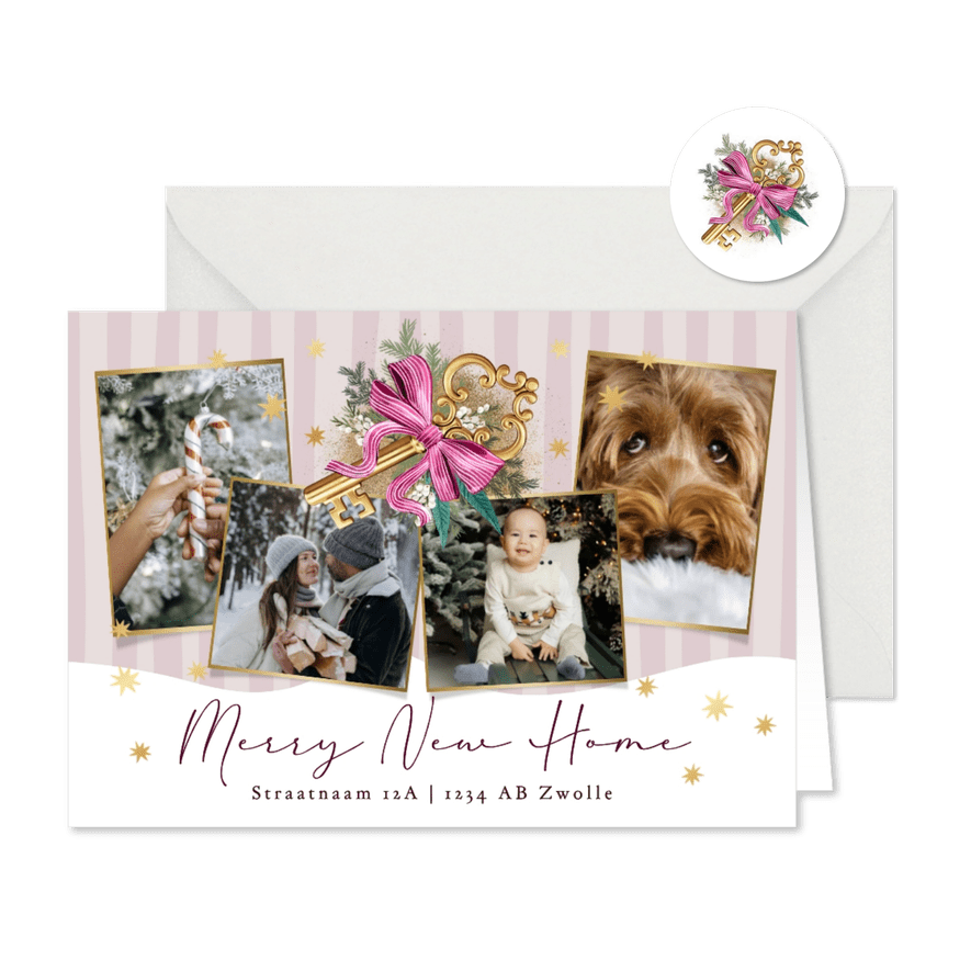 Trendy kerstkaart fotocollage merry new home sleutel sterren - Kaartimpressie