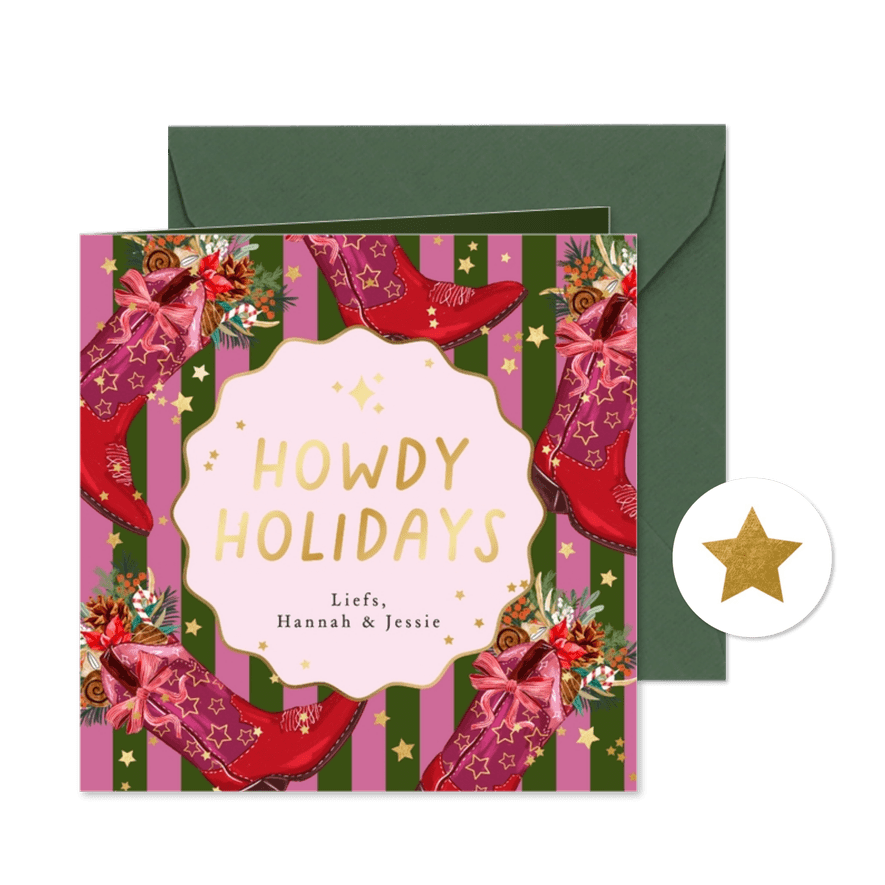Trendy kerstkaart 'Howdy Holidays' cowboyboot botanisch goud - Kaartimpressie