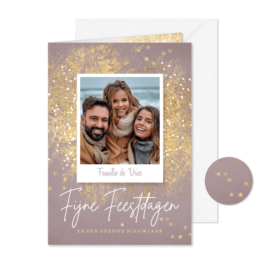 Trendy kerstkaart in oud roze met foto - Kaartimpressie