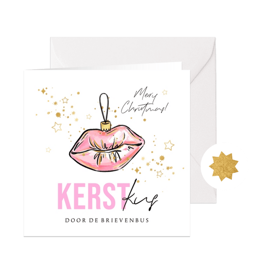 Trendy kerstkaart 'Kerst Kus' kitsch kerstbal goud sterren - Kaartimpressie