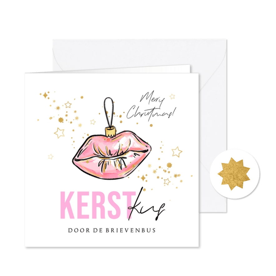 Trendy kerstkaart 'Kerst Kus' kitsch kerstbal goud sterren - Kaartimpressie