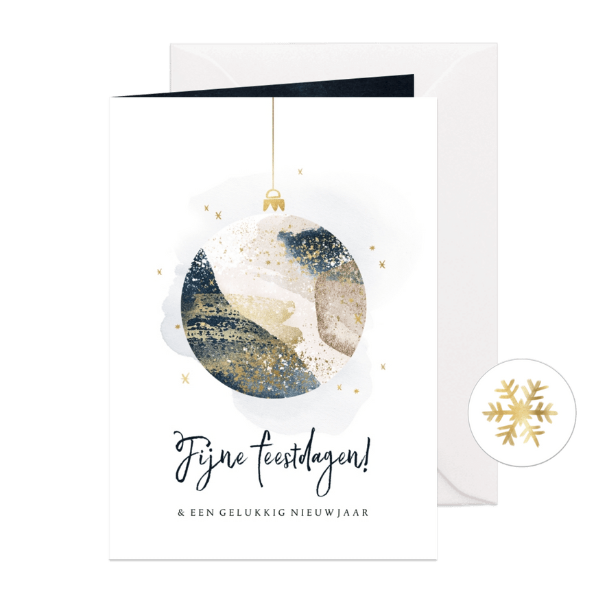 Trendy kerstkaart kerstbal watercolour goudlook sterren - Kaartimpressie