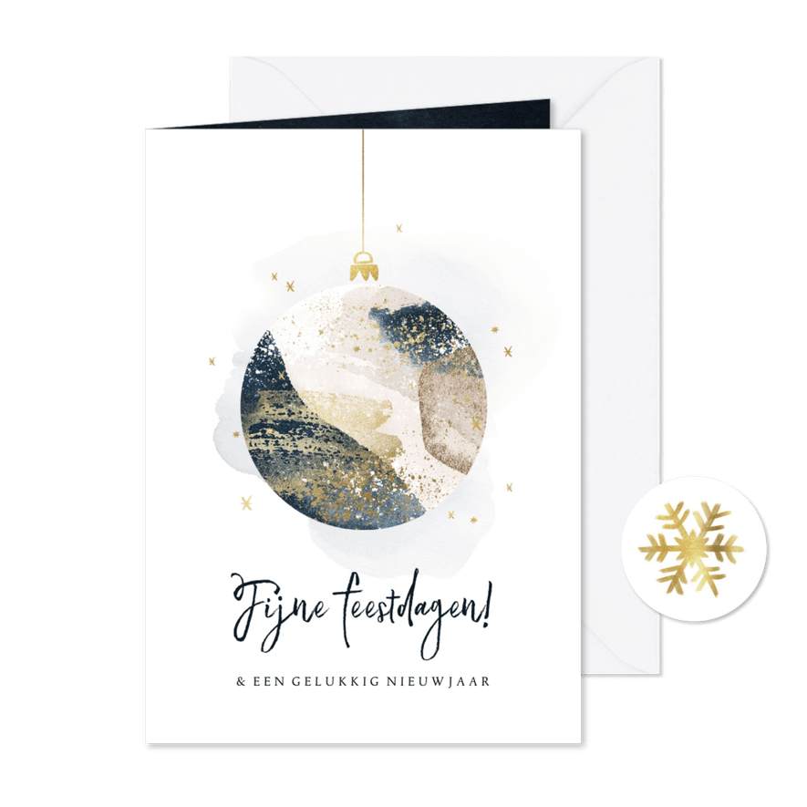 Trendy kerstkaart kerstbal watercolour goudlook sterren - Kaartimpressie