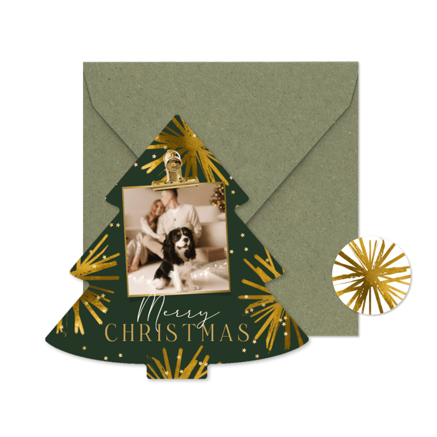 Trendy kerstkaart kerstboomvorm sterren goud foto - Kaartimpressie