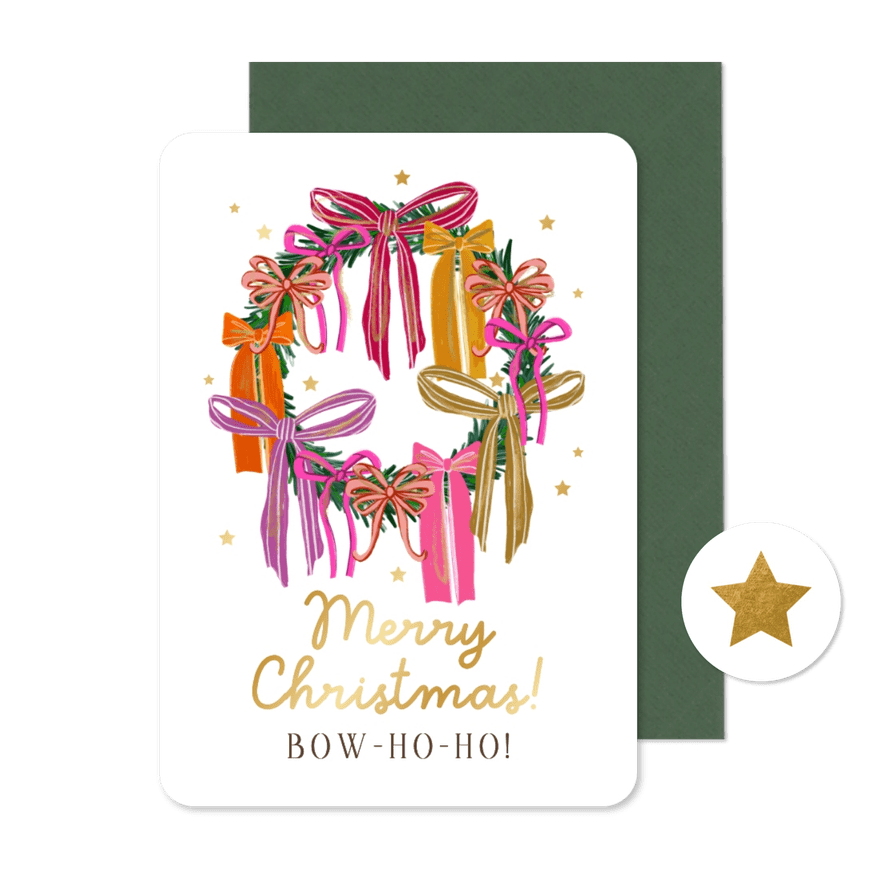Trendy kerstkaart kerstkrans strikken kleurrijk ster goud - Kaartimpressie
