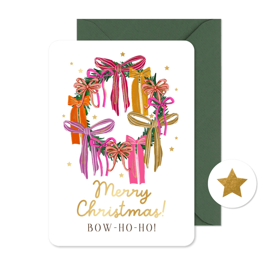 Trendy kerstkaart kerstkrans strikken kleurrijk ster goud - Kaartimpressie