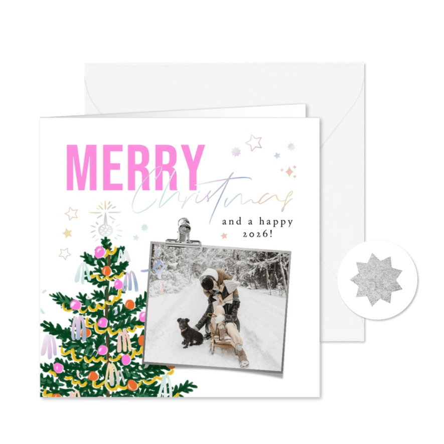 Trendy kerstkaart kitsch kerstboom holografisch sterren foto - Kaartimpressie