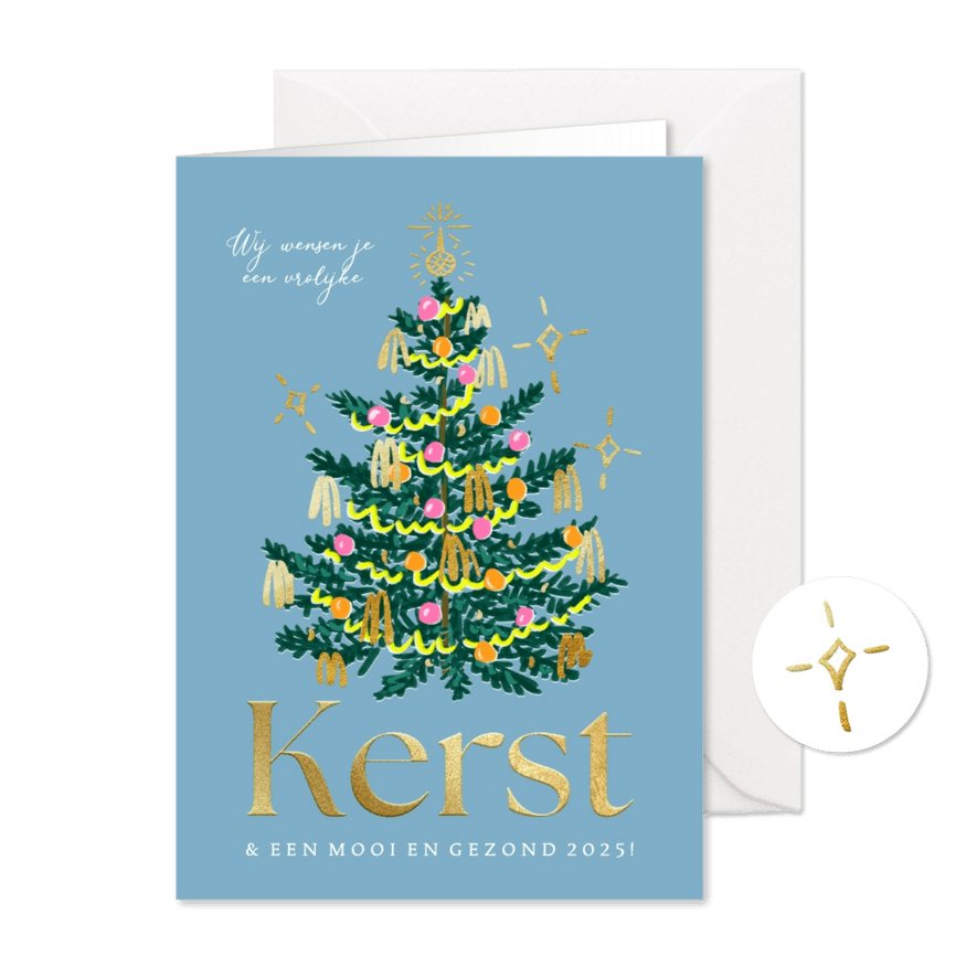 Trendy kerstkaart kitsch kerstboom versiering goud sterren - Kaartimpressie