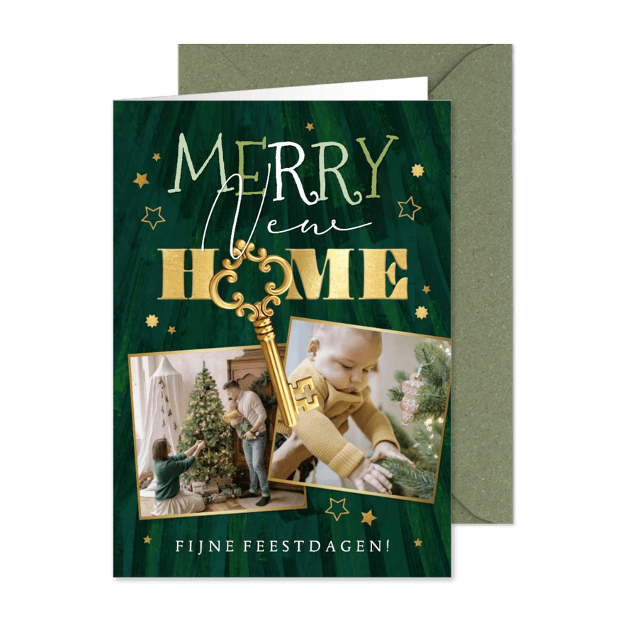 Trendy kerstkaart Merry new home sleutel sterren goud - Kaartimpressie