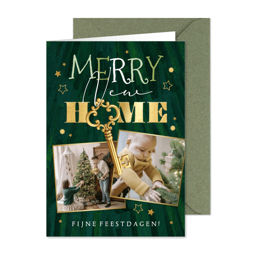 Trendy kerstkaart Merry new home sleutel sterren goud - Kaartimpressie