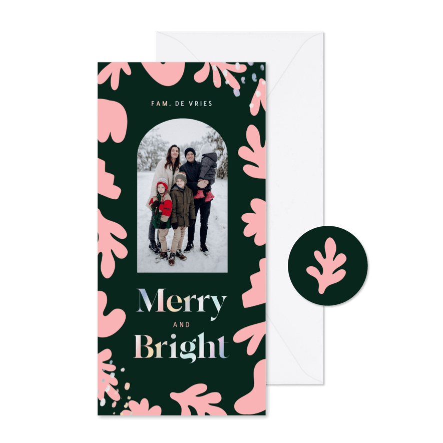 Trendy kerstkaart met abstracte vormen en foto donkergroen - Kaartimpressie