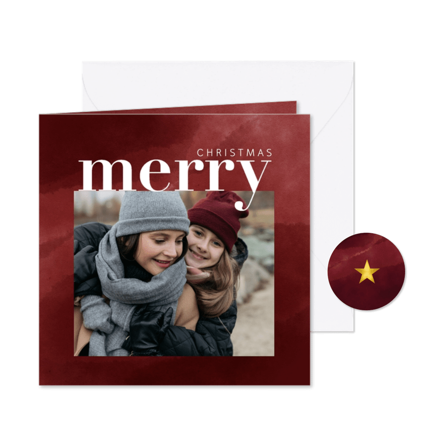 Trendy kerstkaart met foto, waterverf en merry christmas - Kaartimpressie