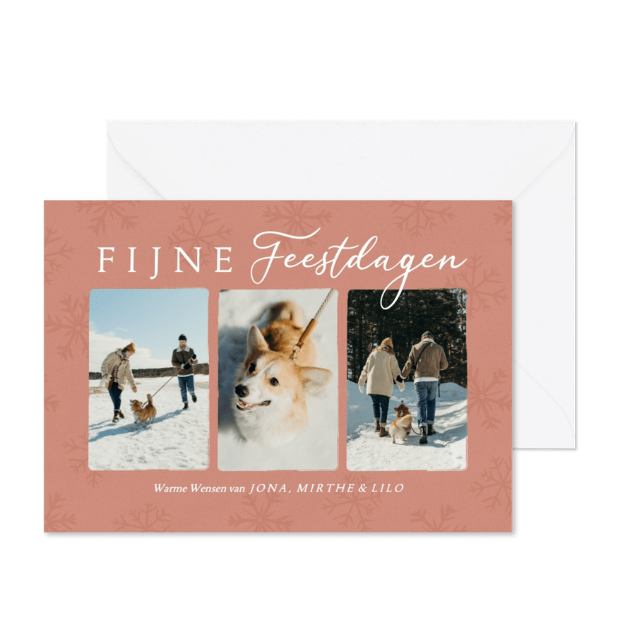 Trendy kerstkaart met fotos en sneeuwvlokken in oudroze - Kaartimpressie